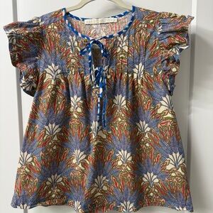 Marie Oliver Quinn Top Palm Print Multi Small Flutter Sleeve Cotton $260 New